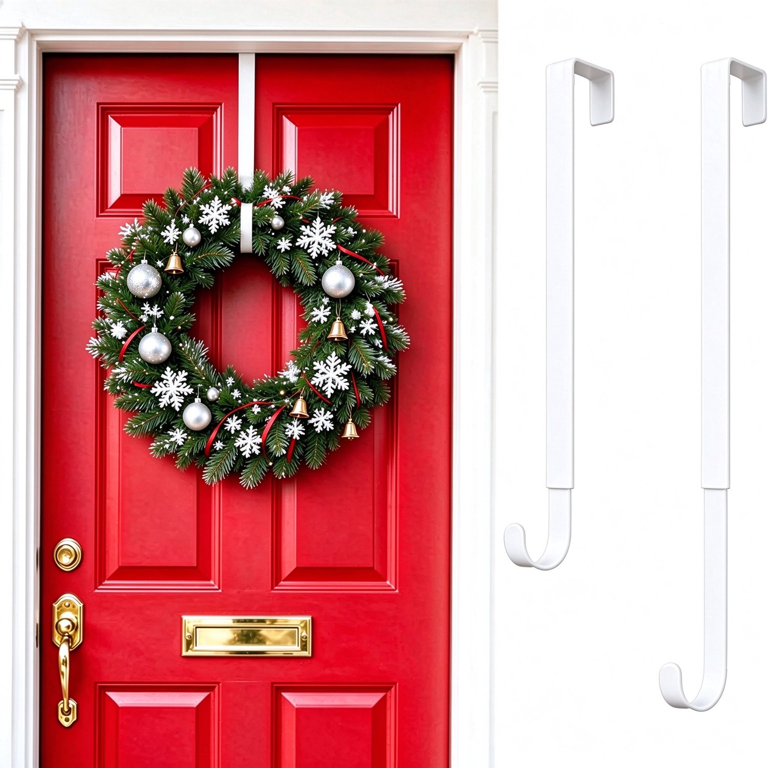 Lifhelpe Kerstdecoratie - Kerstkrans deurhanger - 1 stuk wit, verstelbaar 38 tot 65 cm - Handige haak voor voordeur - Geschikt voor kerstkransen en voordeurdecoratie