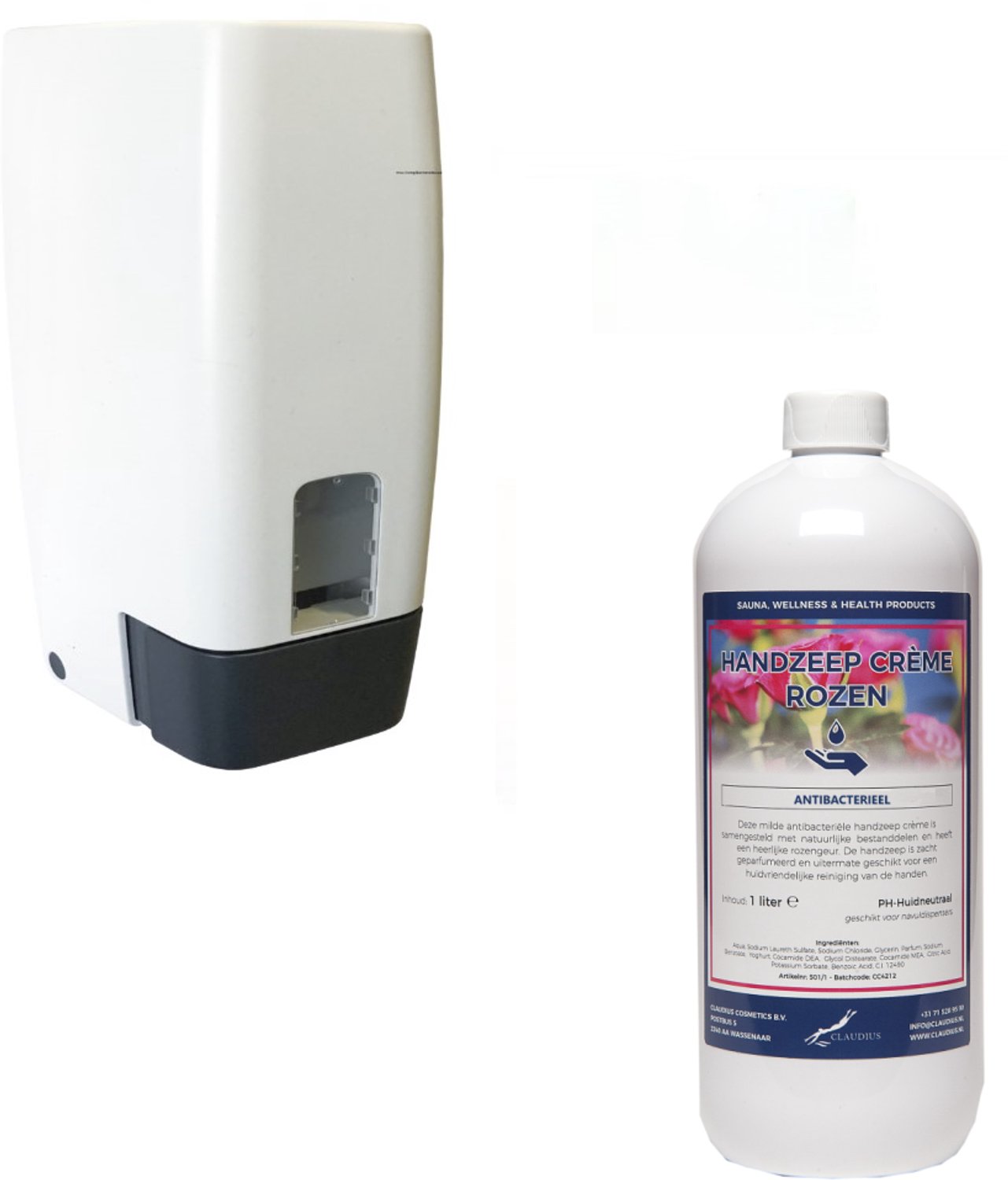 Claudius Zeepdispenser 1 liter kunststof hervulbaar + 1 liter Handzeep Crème Rozen - voordeelverpakking - navulling