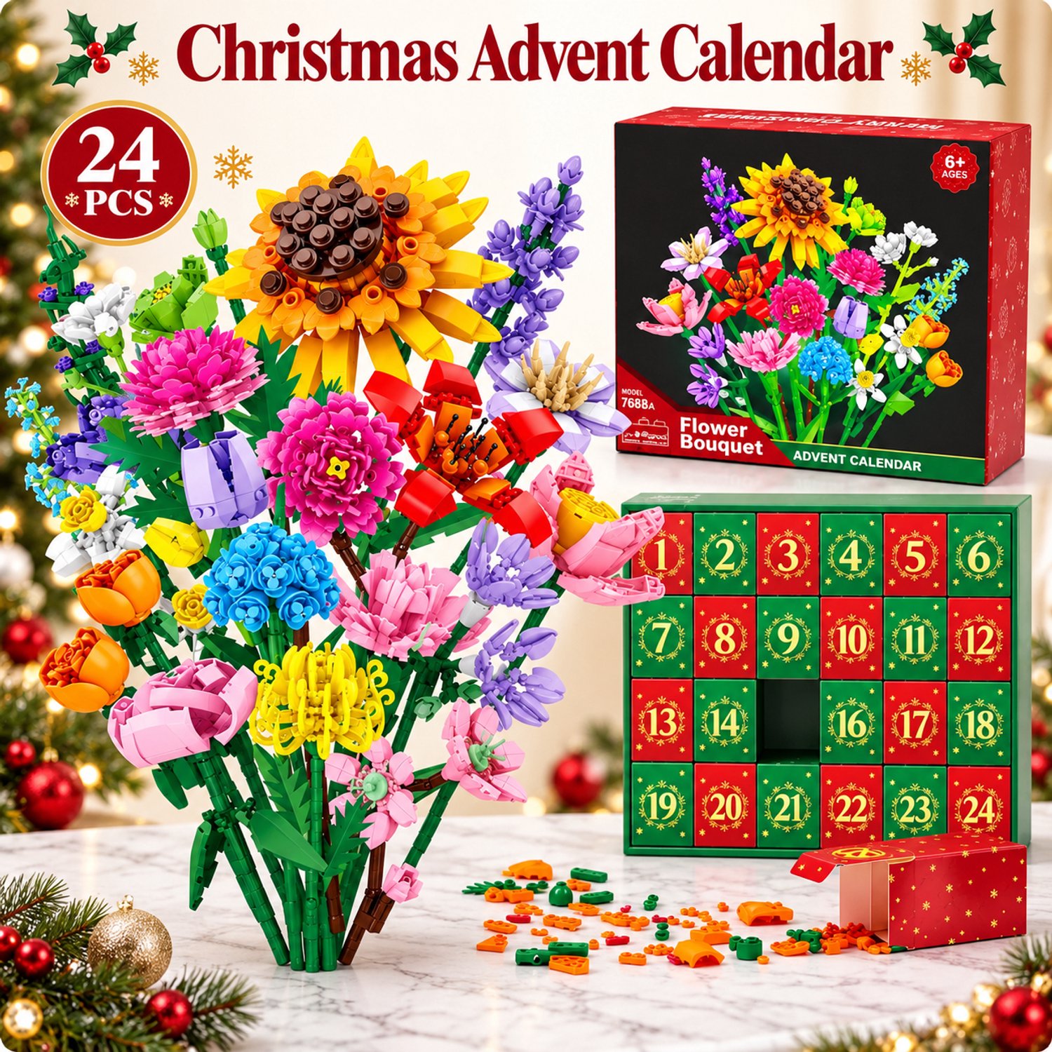 Kerst-adventskalender 2026 - met bouwstenen voor een bloemenboeket – Doe het zelf kunstzonnebloemboeket voor volwassenen