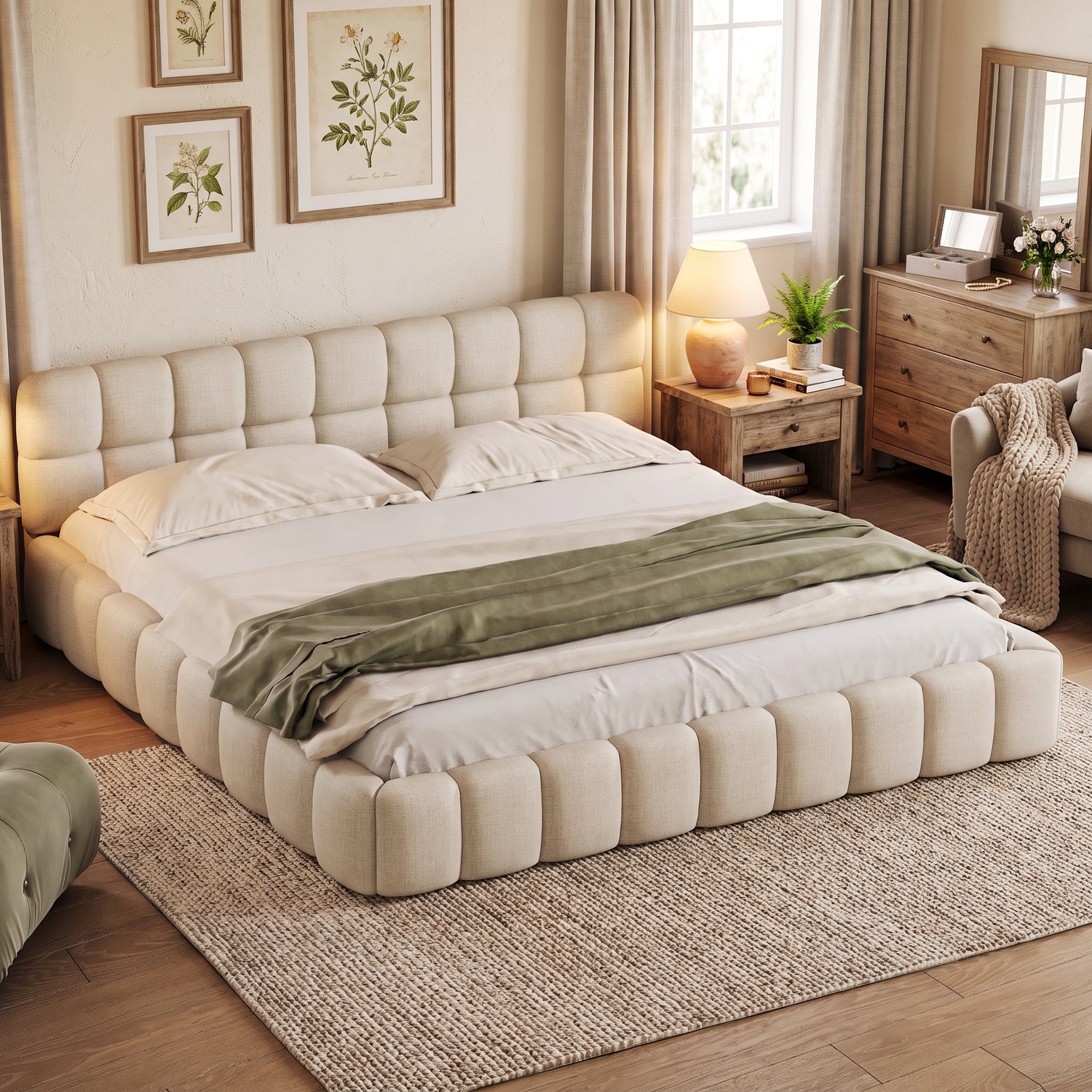 Gestoffeerd bed, bubbelbed 160x200 cm, tweepersoonsbed, bedframe met lattenbodem, Beige Linnen, Zonder matras