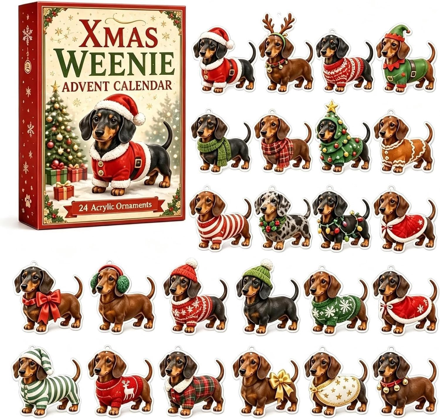 ZVD Adventskalenders - Teckel-kerstadventskalender 2026 – 24 verzamelbare 2D-hangers met hondenthema – Mini-teckelfiguurtjes – Een cadeau voor familie, vrienden en verzamelaars Meerkleurig