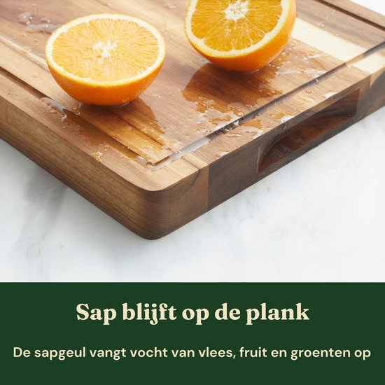 Bikolo® Houten Snijplank Acaciahout Extra Dik - Hakblok - Grote Borrelplank - Serveerplank - Tapasplank - Met Handvaten, Sapgeul & Serveerkanaal — cadeau in Kookcadeaus - foto 8