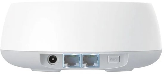 Achterkant van de witte router met voedingsingang, twee ethernetpoorten en een WPS-knop.