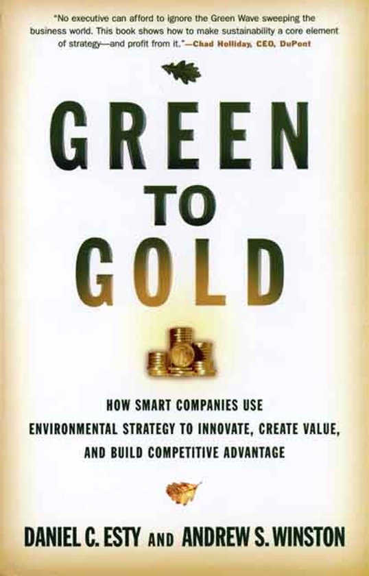 Boekomslag Green to Gold met een groen eikenblad, stapel gouden munten en een herfstblad onderaan.