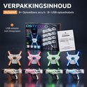 Fivora lasergameset met vier blasters, vier lichtgevende vesten en USB-oplaadkabels.