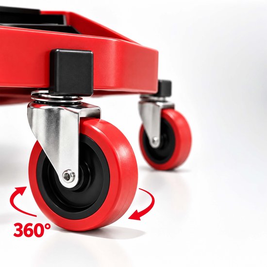 Close-up van de 360-graden zwenkwielen van de werkplaatskruk.
