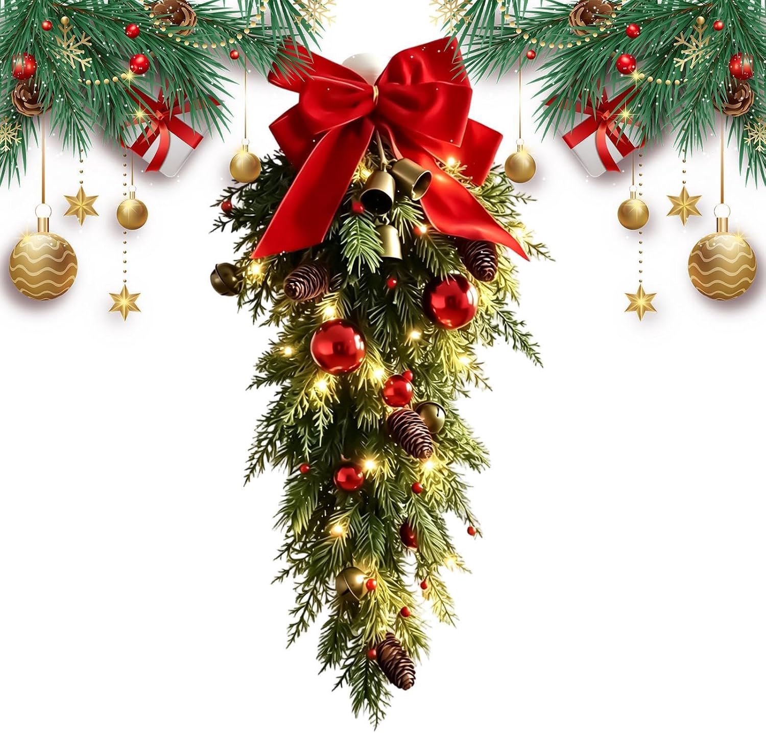 1 stuk - Kerstkrans - Kerstbelversiering - geschikt om op te hangen aan vloeren en deuren - strikversiering - Kerstdecoratie - met lichtjes - rood – foto 6