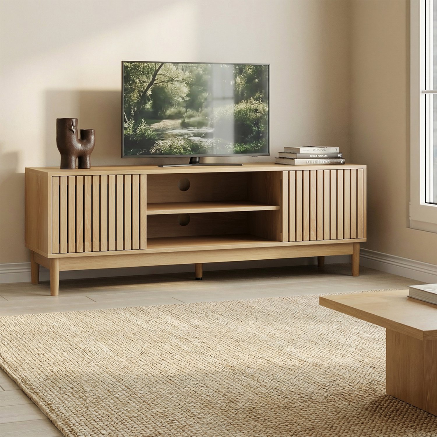 Pugsdrly 140 cm hoog tv-meubel, tv-meubel in mid-century modern-stijl (geschikt voor 55/65-inch tv’s), entertainmentcentrum met opbergruimte, mediameubel voor woon- en slaapkamer, eikenkleur