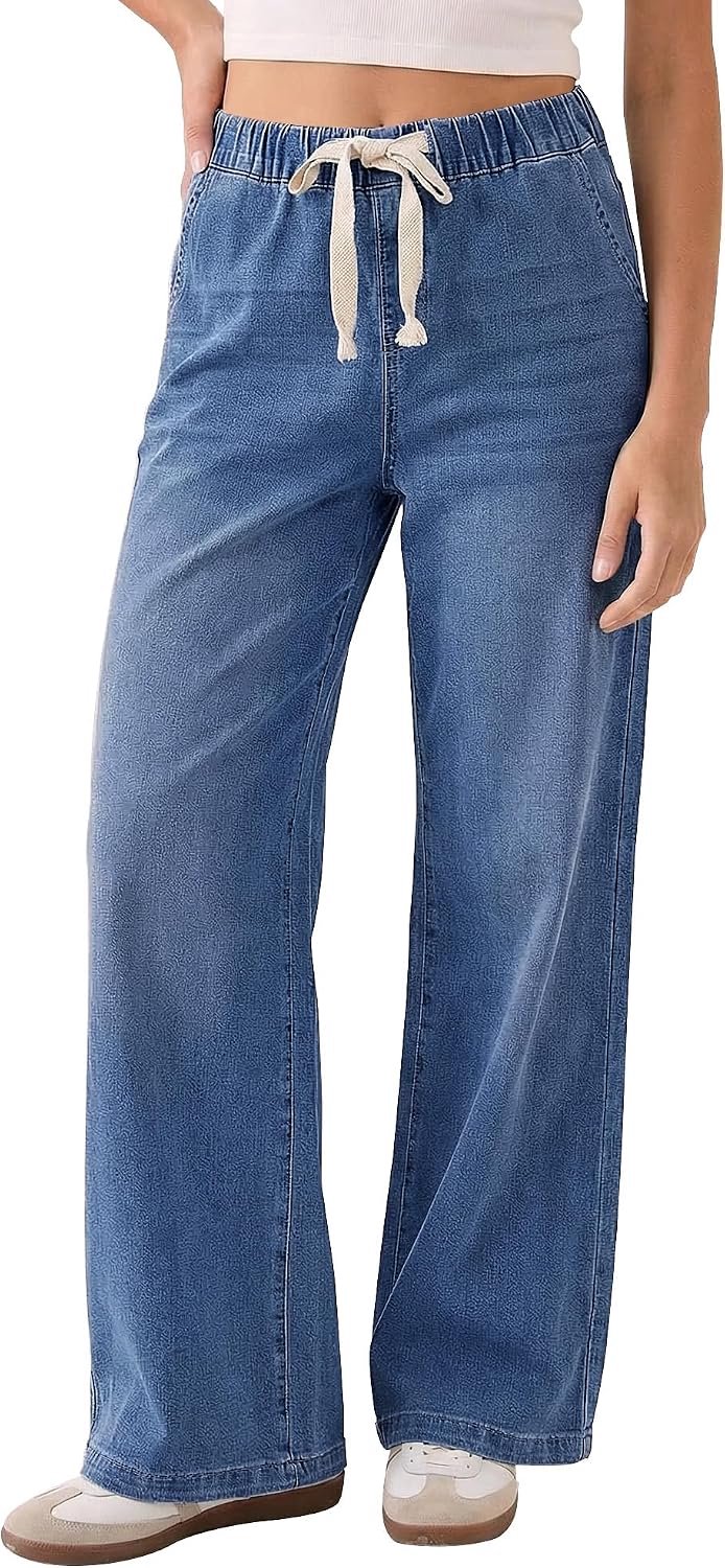Jeans, wijde pijp, trekmodel, elastische taille