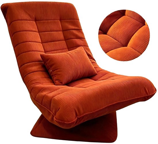 Oranje corduroy draaifauteuil op een witte achtergrond met bijpassend kussen en inzetstuk met textuurdetail.