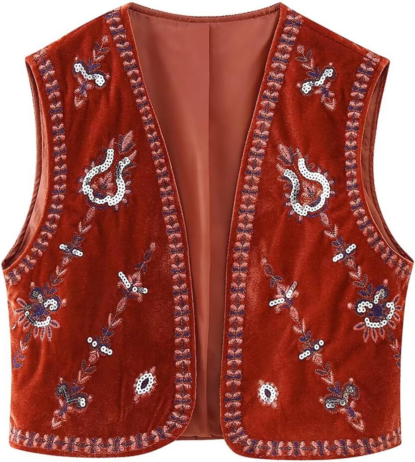 Vest, fluwelen, zonder mouwen, bloemenborduurwerk, open voor, kort, boho