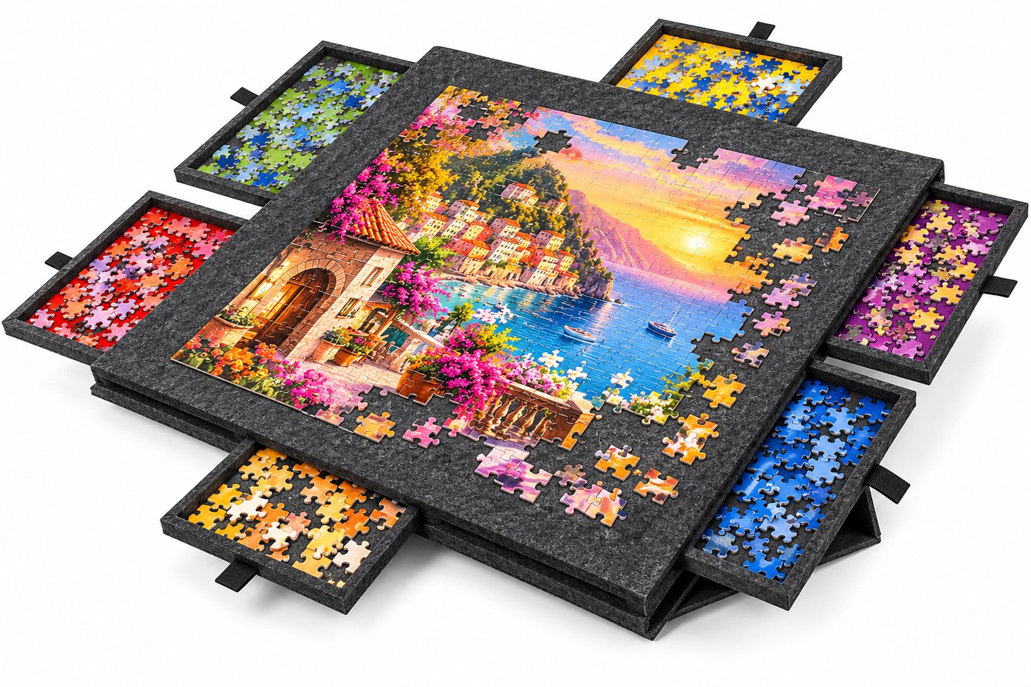 Tremeo Puzzelbord - Puzzeltafel - Puzzelmat - 1000 stukjes - Met 6 Sorteerlades - 77x52cm - Opvouwbaar - met Opbergfunctie - Grijs