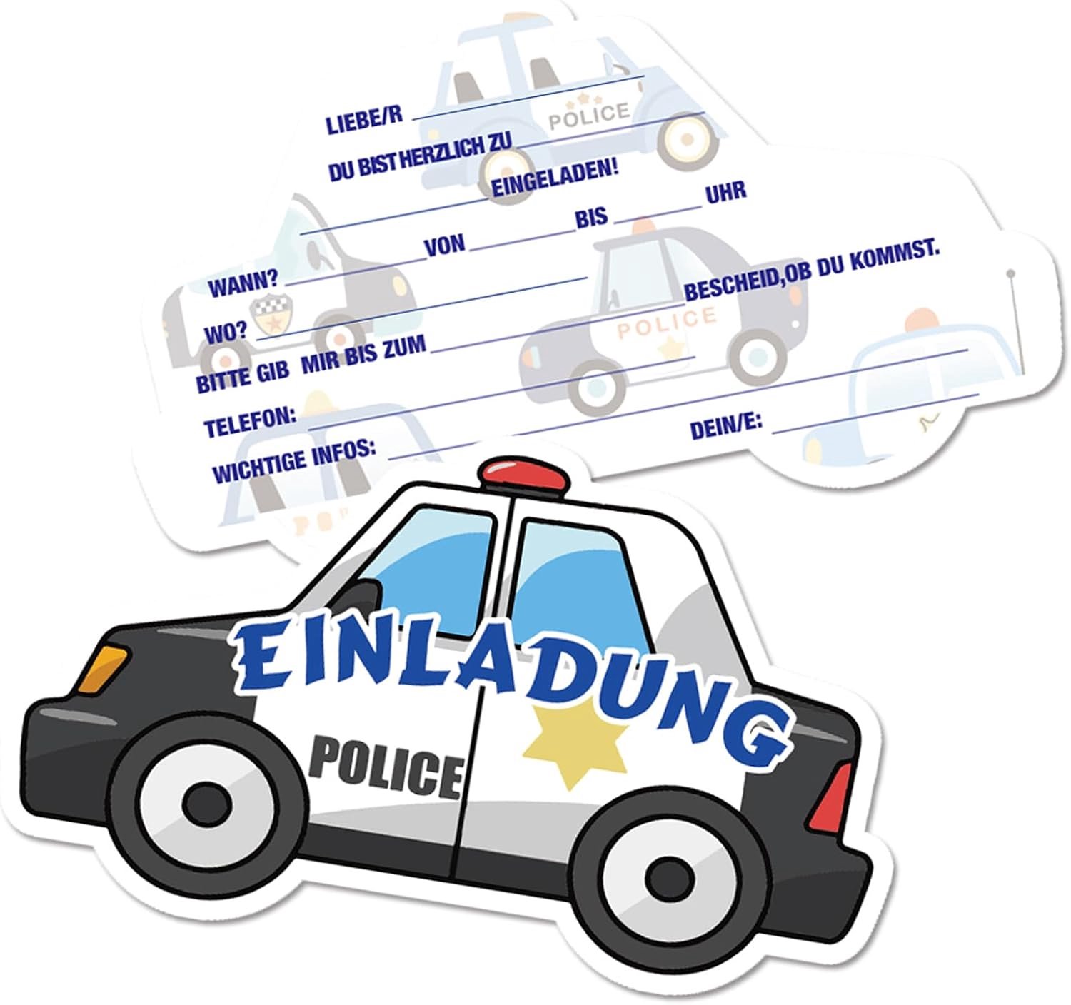 12x uitnodigingskaarten kinderfeestje politie auto