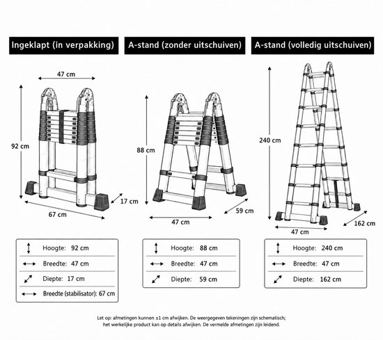 Mexxo Telescopische Vouwladder 2,5 x 2,5 meter - 5,5m hoogte - incl. stabilisatiebalk - Telescoopladder aluminium