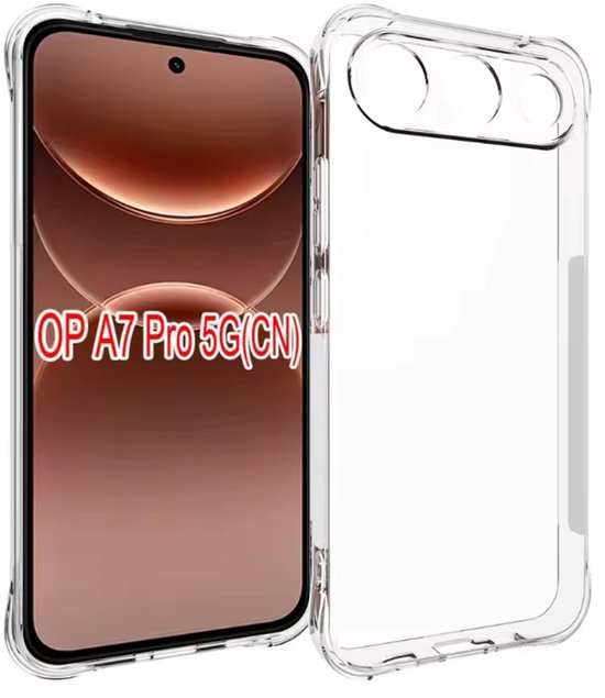 Oppo A7 Pro 5G met transparante hoes, voorzien van de tekst 'OP A7 Pro 5G(CN)'.