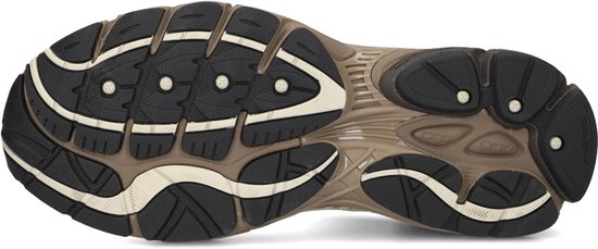 Zwarte en beige rubberen buitenzool van een Saucony Progrid Omni 9 sneaker met profiel voor grip.