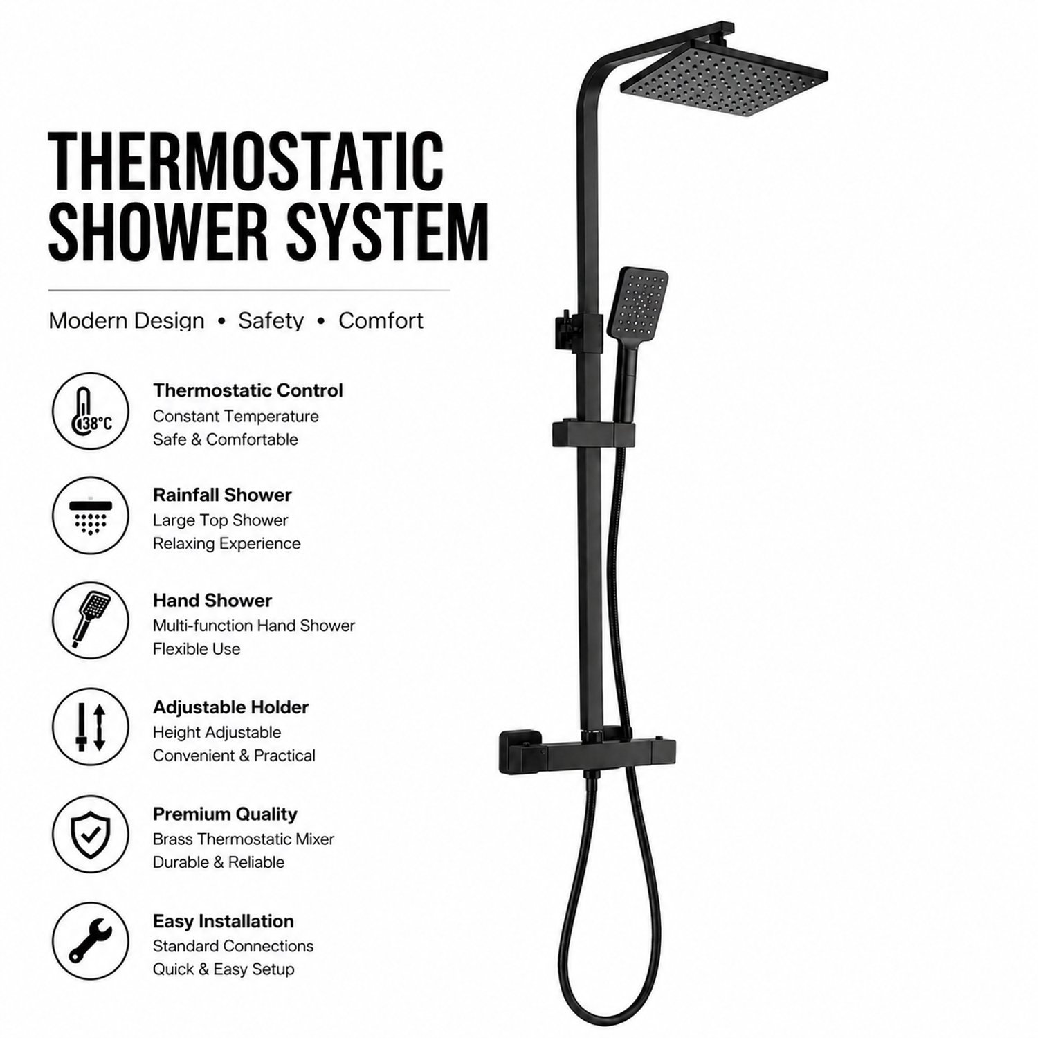 ERFU Regendoucheset Mat Zwart – RVS Douchekolom met Regendouche 25 cm – Handdouche – Wandmontage – Moderne Doucheset