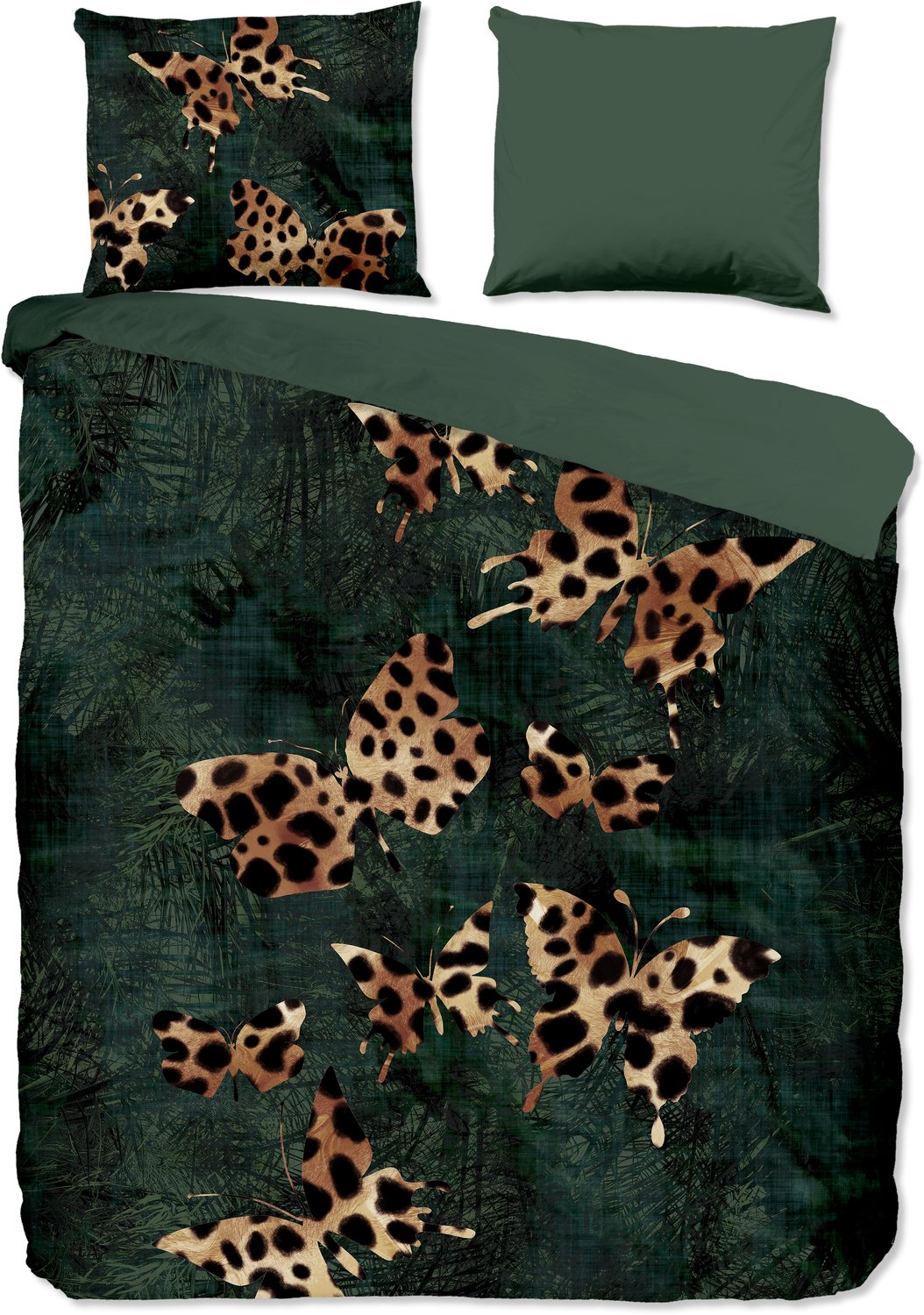 Pure dekbedovertrek jungle met panterprint vlinders - 2 persoons 200x200/220 cm - Donkergroen - Microvezel Dark Green