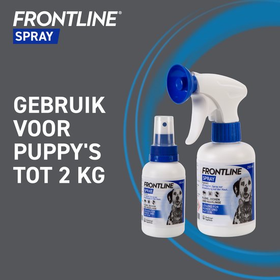 Frontline Spray flessen van 100 ml en 250 ml met afbeeldingen van puppy's en katten.