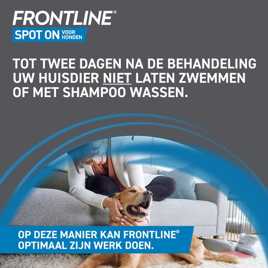 Vrouw knuffelt met een gouden retriever. "Tot twee dagen na de behandeling uw huisdier niet laten zwemmen of met shampoo wassen."