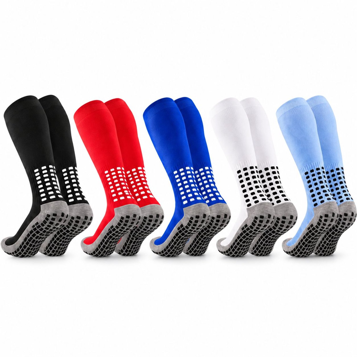 5 paar antislipsokken voor dames en heren – sport- en fitnesssokken met siliconen antislipnoppen, ademende sokken met demping (middelhoge schacht) voor voetbal, basketbal, hardlopen, volleybal en gymtraining (schachthoogte 42 cm, 5 kleuren)