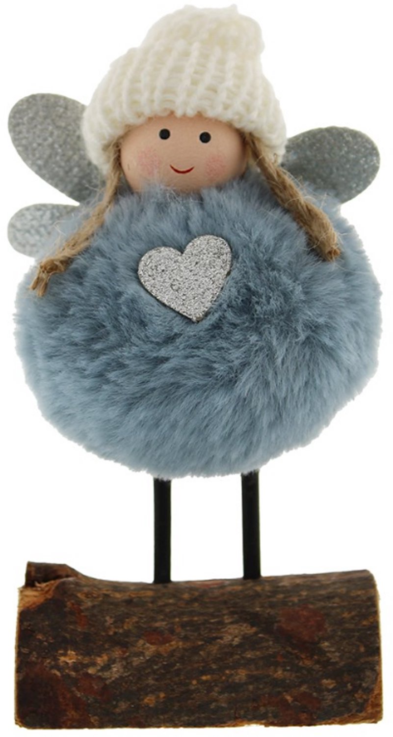 Something Different Dromerige Blauwe Winterfee op Houten Voet - Pluizig Kerstengeltje met Hartje - 14 cm