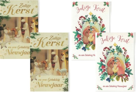 Set van vier kerstkaarten met kerststal- en heilige familie-illustraties en de tekst Zalige Kerst en een Gelukkig Nieuwjaar.