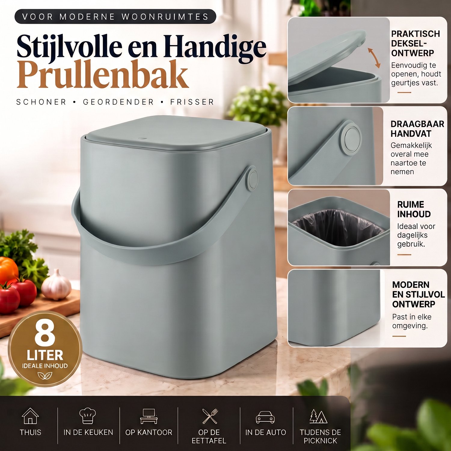 INDECOR Prullenbak 8 Liter met Drukdeksel – Afvalemmer met Uitneembare Binnenemmer en Handgreep – Aanrecht Prullenbak voor Keuken & Badkamer – Grijs