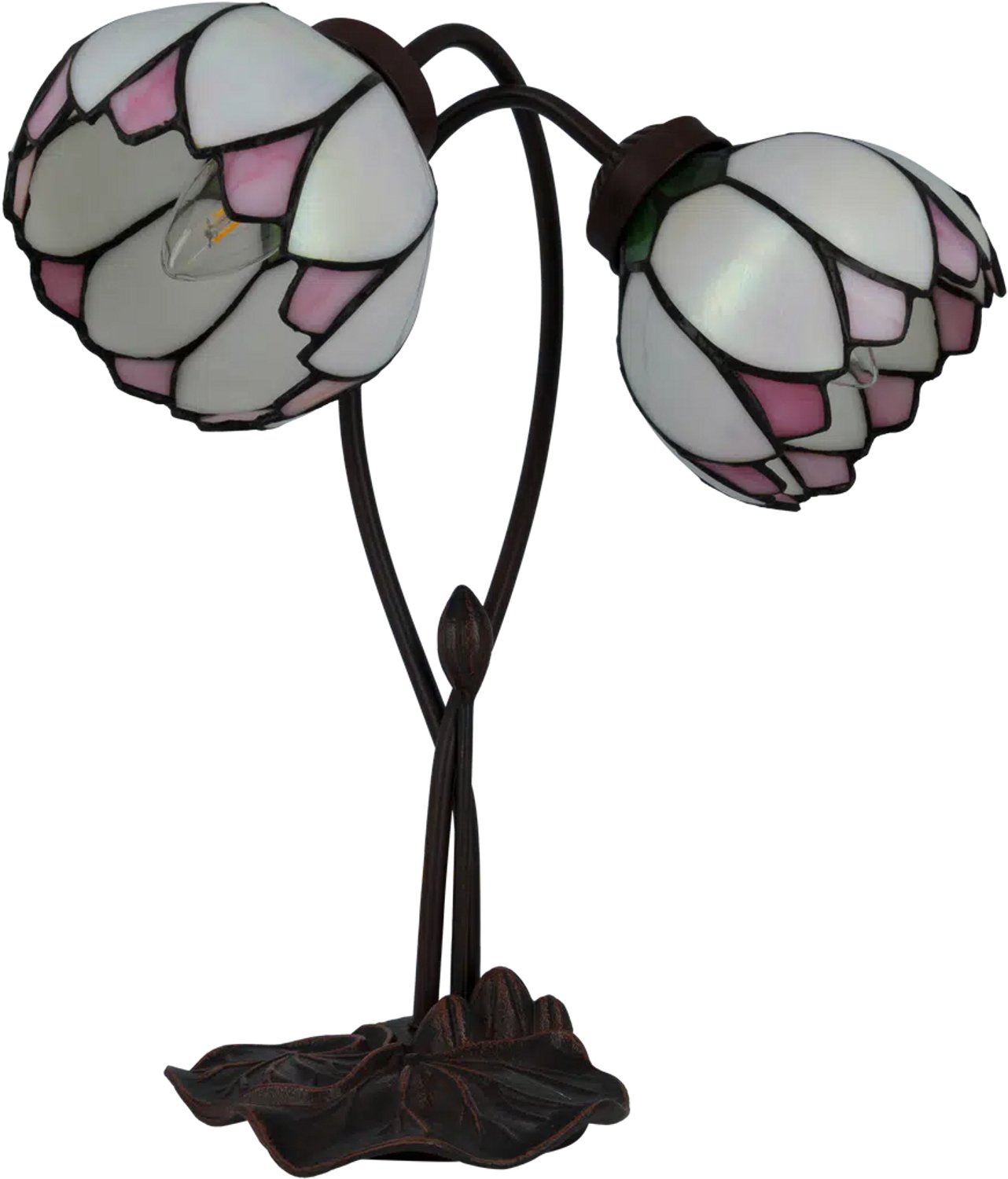 Tiffany tafellamp dubbele bloem - Roze-crème - H 40 cm - Glas in lood - Warm licht - Bloemmotief | RORUVERA