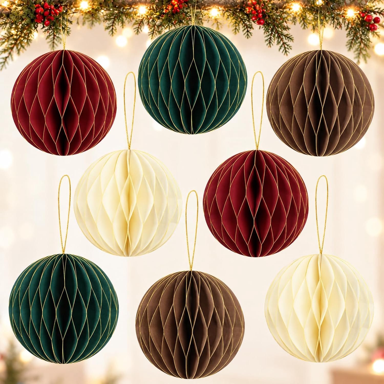 8-delige set kerstdecoratie honingraatballen papier