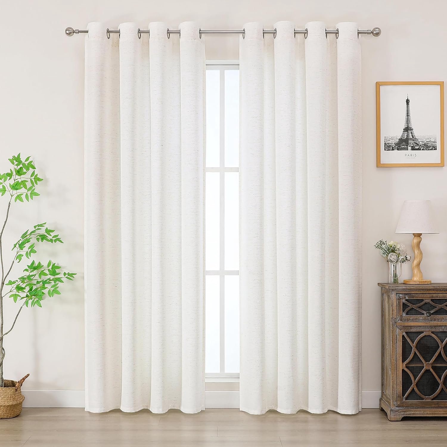 2 stuks, halfdoorzichtig, linnenlook, beige, 140x183 cm