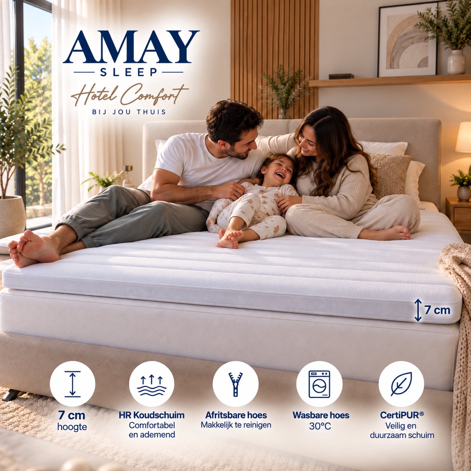 AMAY SLEEP TOPPER HOTEL - HR KOUDSCHUIM - 90X200 – 7 CM – LUXE AFRITSBARE TIJK – WASBAAR WIT