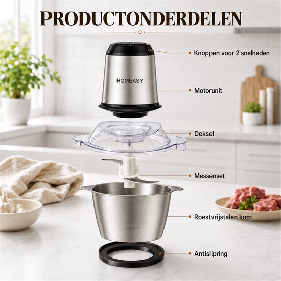 HOMEASY Elektrische Hakmolen 2L - Foodprocessor met RVS Kom - 350W - 4 RVS Messen - 2 Snelheden - Voor Vlees, Groente en Noten — afbeelding 5