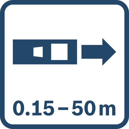 Icoon met pijl naar rechts en meetbereik van 0,15 - 50 m.