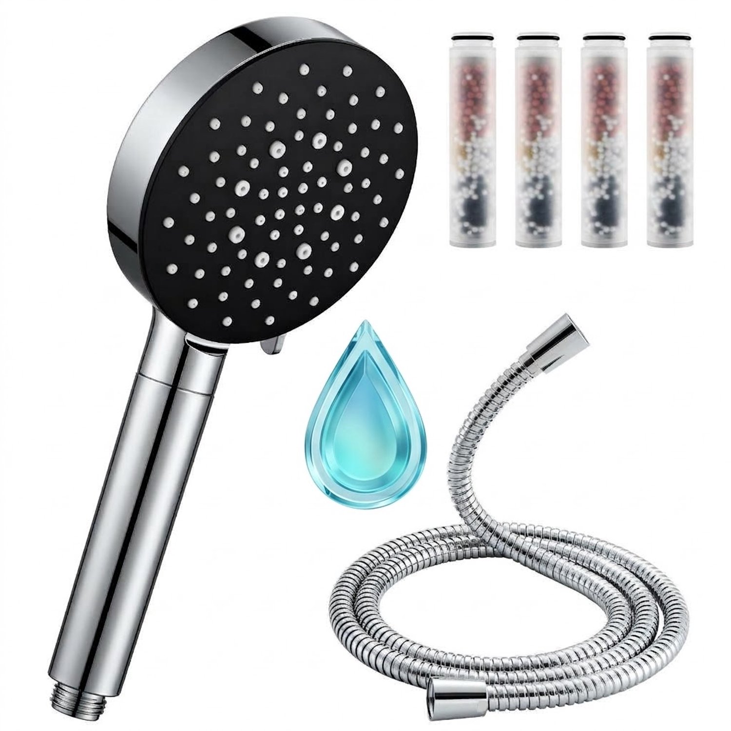 Auralum Max Douchekop met Filter Set 6 Straalstanden Handdouchekop Hoge Druk met 1.5m Doucheslang & 4 Filters Universeel G1/2 Waterbesparende Chroom& Zwart