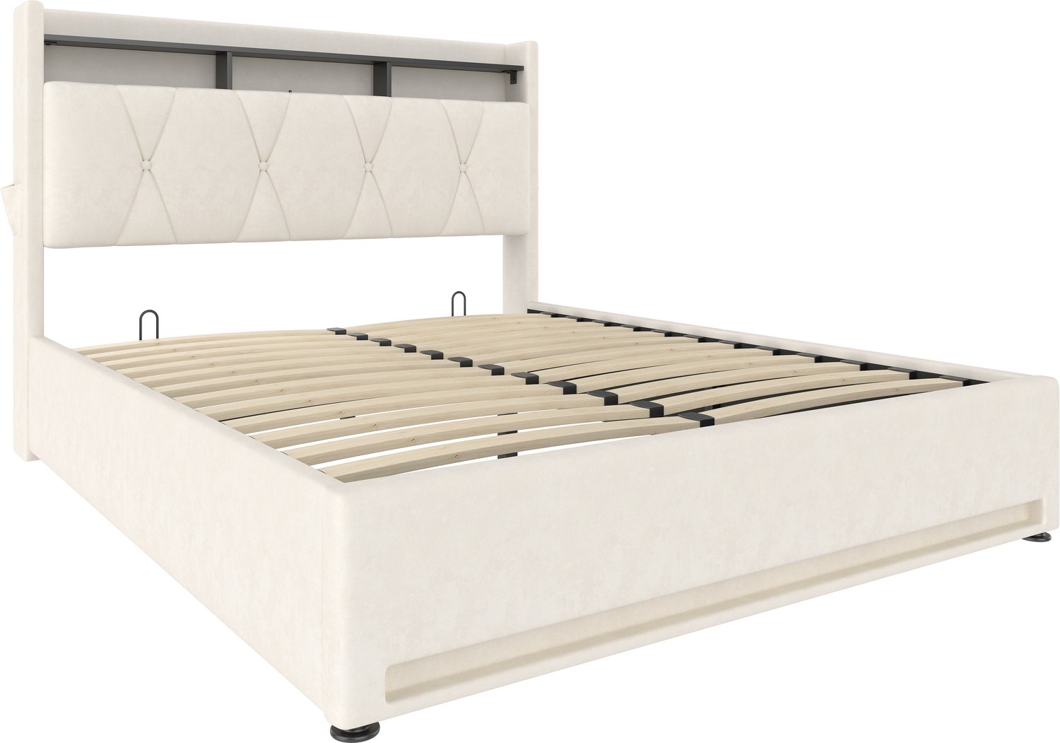 MUVANO Opbergbed 140 x 200 cm - Bed met LED-verlichting - Beige fluwelen bedframe - USB- en Type-C-poorten - 221 x 150 x 116,5 cm - slaapkamer