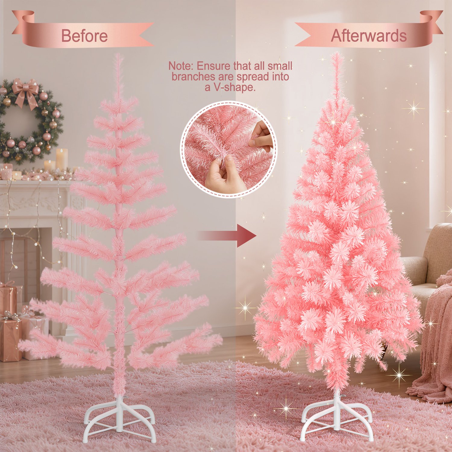 Kerstboom – 210cm Kunstkerstboom – Roze PVC – met Standaard – foto 5
