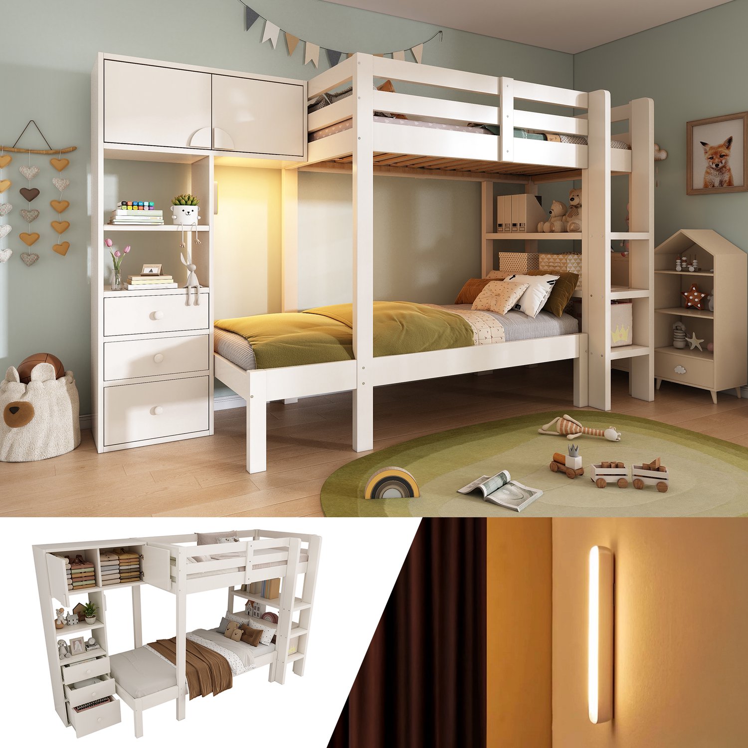 Welltin Wit stapelbed 90x200 cm - Verspringende ligplekken - Kast en lades - Nachtlamp met bewegingssensor - Kinderkamer - 288 x 101 x 144 cm - Wit