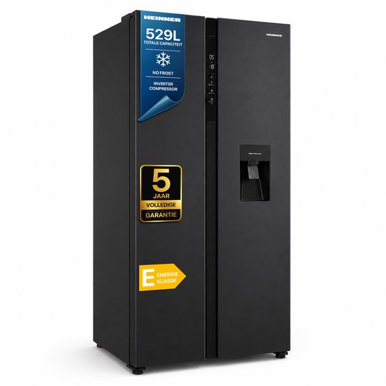 Heinner HSBS-HM529NFBKWDE++ Amerikaanse Side-by-Side Koelkast met Waterdispenser – 529 L – Full No Frost – LED Touch Display – Eco Functie – Zwart – 5 Jaar Garantie