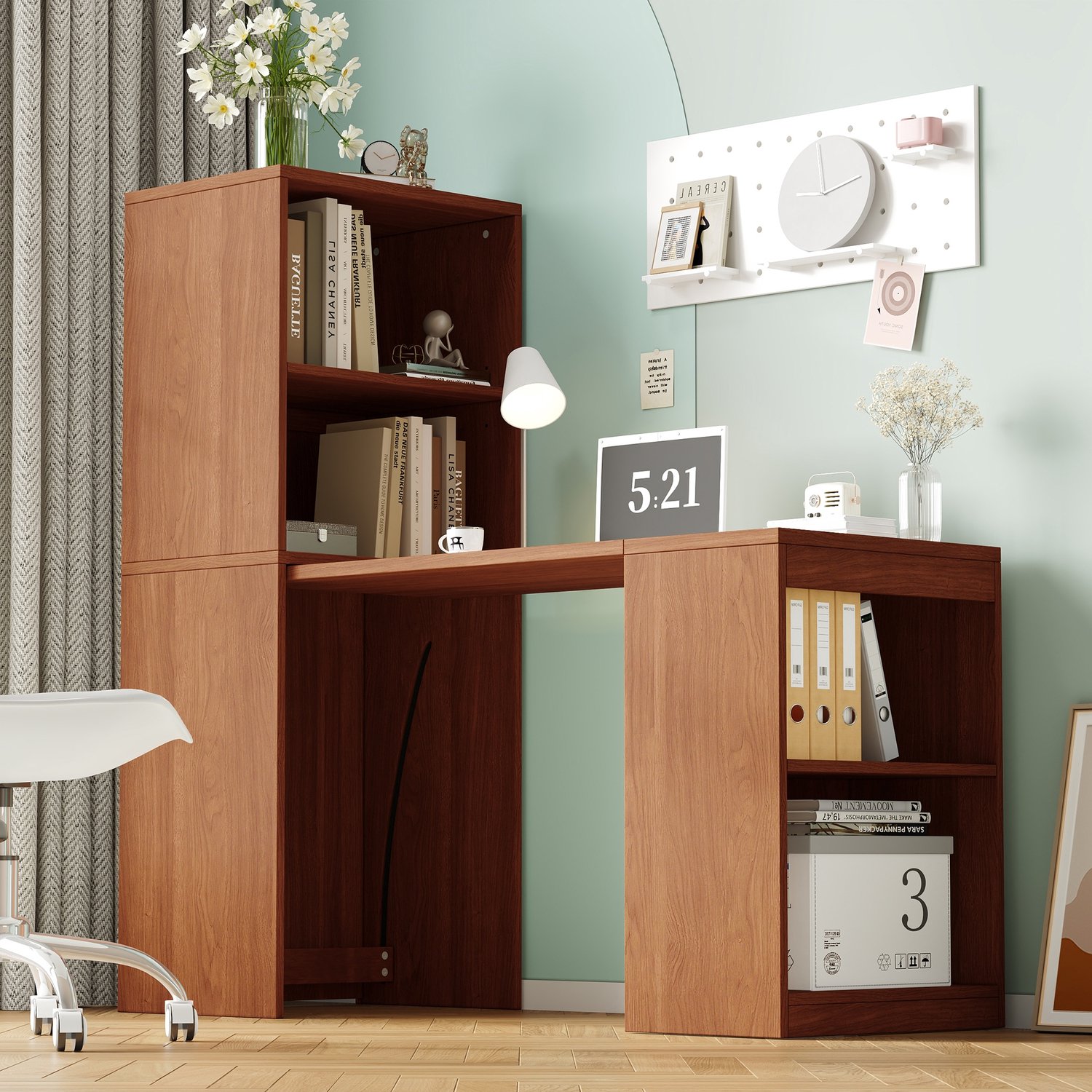 PHOEBE CAT Bureau – Uitklapbaar tot boekenkast – 4 planken – 130 x 51 x 137 cm – Walnootkleurig