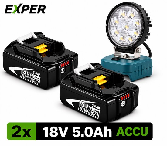 Set van twee zwarte 18V 5.0Ah Li-ion accu's en een LED-werklamp met een blauwe voet.