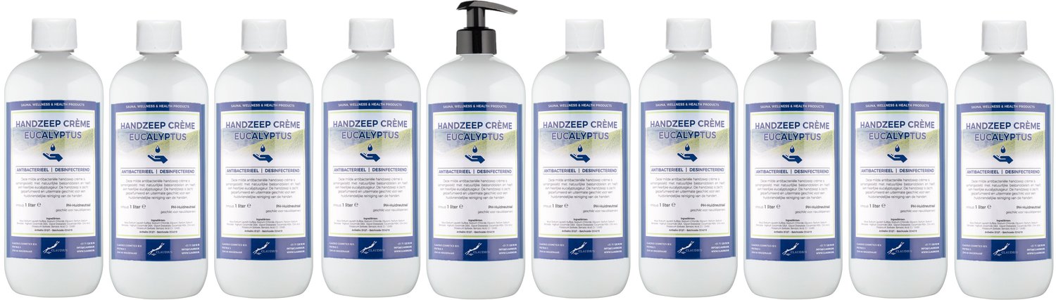 Claudius Handzeep Crème Eucalyptus 1 liter - set van 10 stuks - met gratis zwarte pomp - voordeelverpakking - navulling