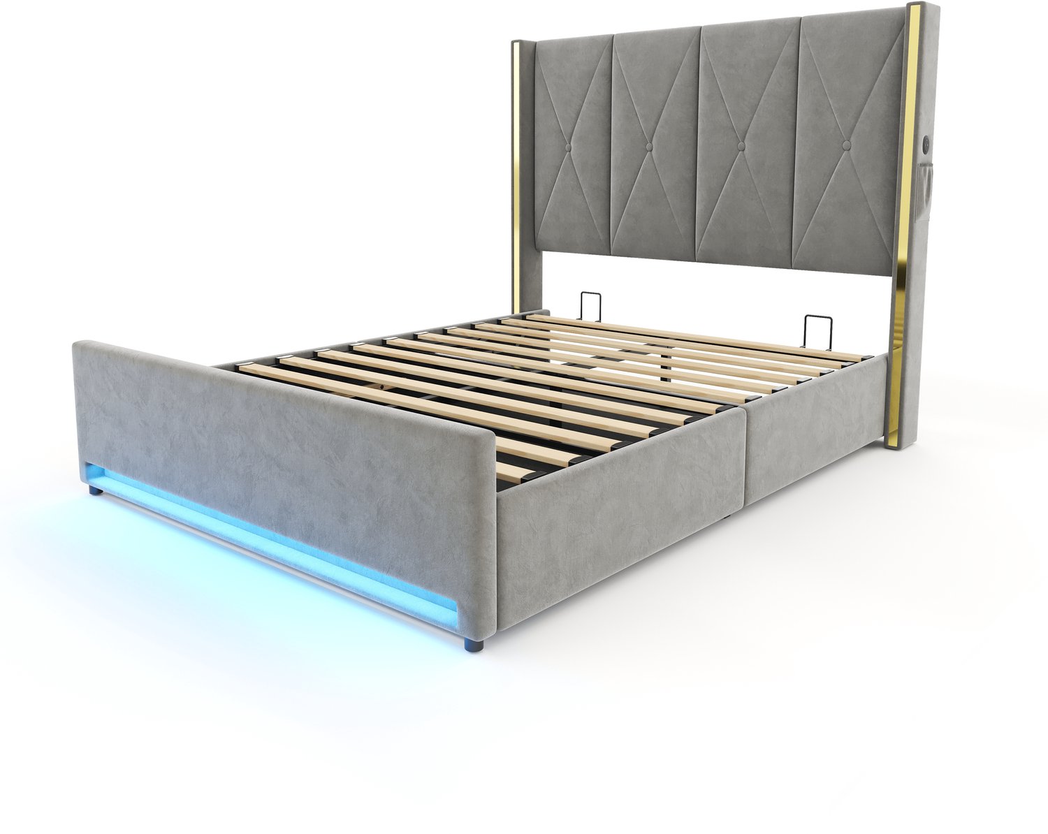 MUVANO Fluwelen opbergbed 160x200 - bed met hoog gecapitonneerd hoofdbord - USB en USB-C - LED - hydraulische lattenbodem - slaapkamer donkergrijs