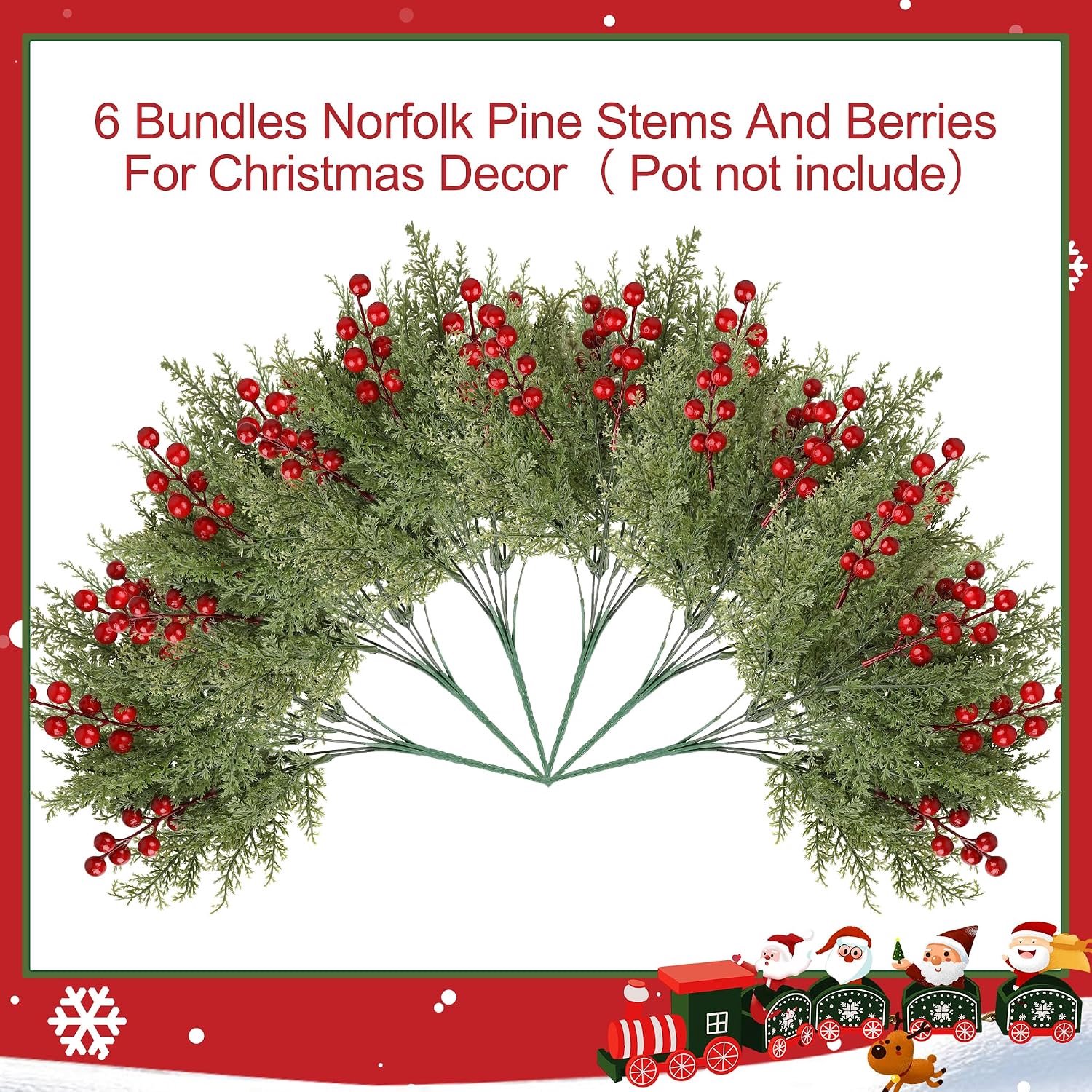 Kunst Kersttakken met Rode Bessen - 6 Stuks Groene Dennentakken met Flexibele Stelen - Voor Kerstboom, Kerstkrans, Schoorsteenmantel en Tafeldecoratie – foto 3