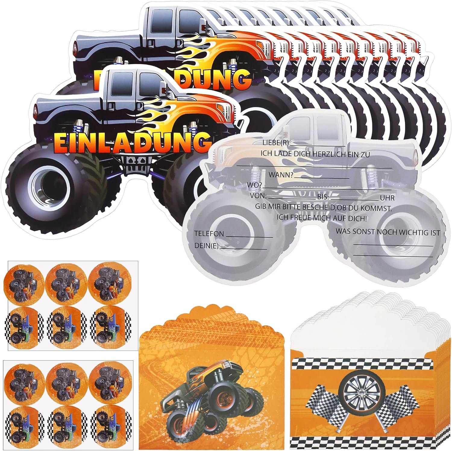 12x Truck-uitnodigingskaarten kinderfeest, met enveloppen