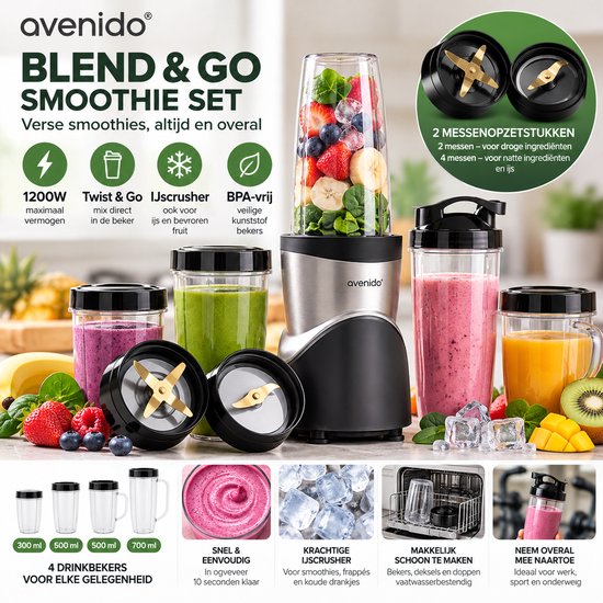 Smoothie Blender to Go 1200W – Sport Blender met 4 Bidons 300–700ml – 2 Blade Opzetstukken – BPA Vrij - Mini blender to go van Avenido — afbeelding 4