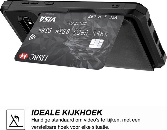 Zwarte telefoonhoes met kaarthouder die als verstelbare standaard dient.