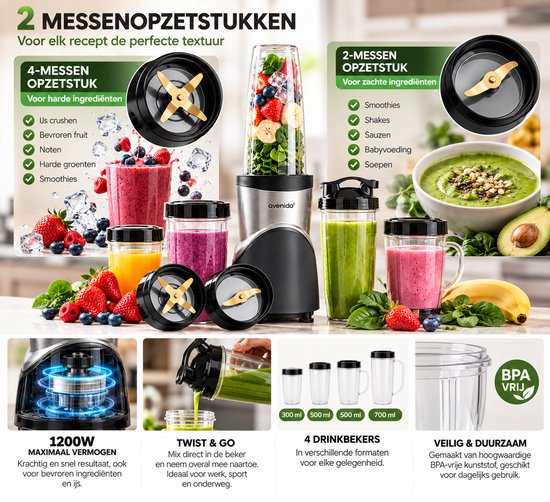 Smoothie Blender to Go 1200W – Sport Blender met 4 Bidons 300–700ml – 2 Blade Opzetstukken – BPA Vrij - Mini blender to go van Avenido — afbeelding 3
