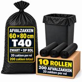 Afvalzakken T40 – Vuilniszakken 60 x 80 cm – 10 Rollen x 20 Stuks – 200 Afvalzakken – Voor Keuken, Kantoor en Huishouden – Zwart