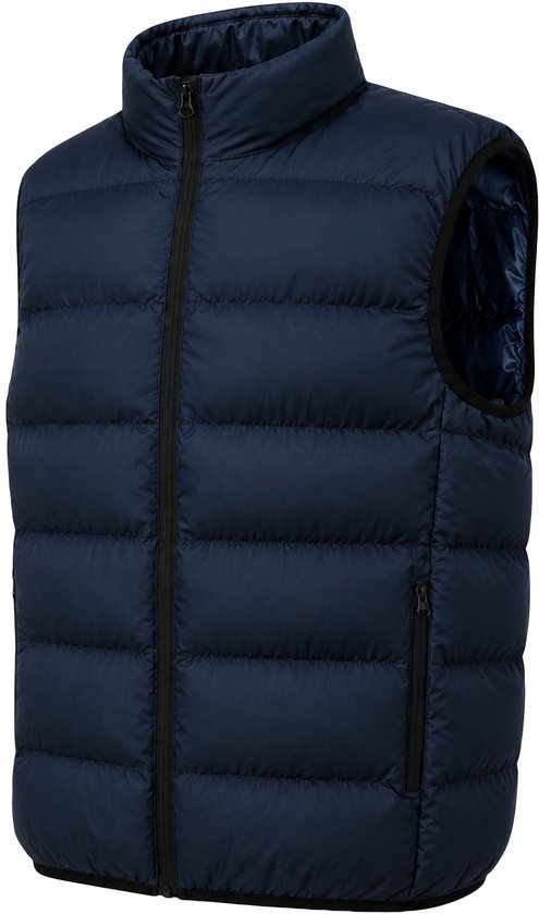 Donkerblauwe gewatteerde bodywarmer met opstaande kraag, ritssluiting en zakken aan de zijkant.